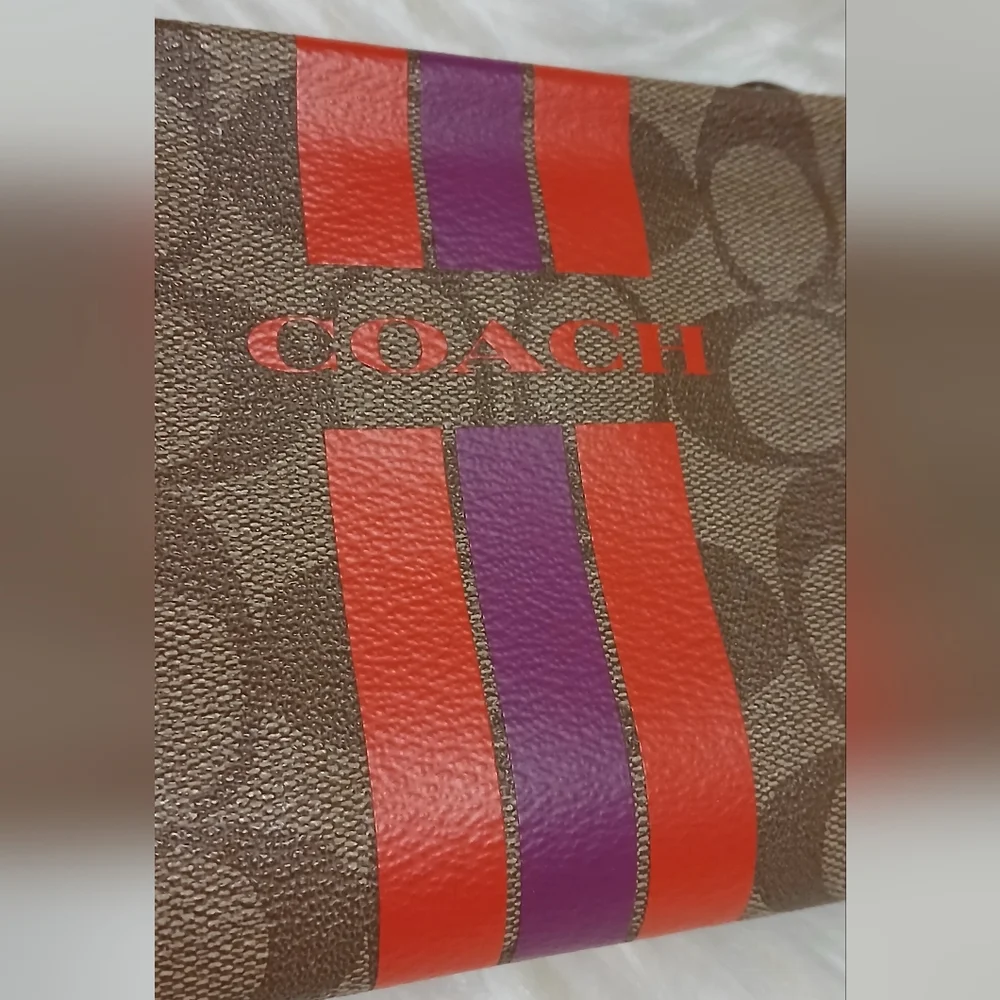Coach Signature Canvas Wristlet with Red and Purple Stripe